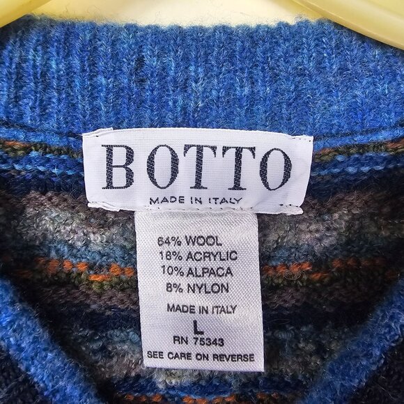 Botto Italy Mens Wool & Alpaca Sweater L Blue Olive Brown Pullover Academia Dad - Picture 6 of 10